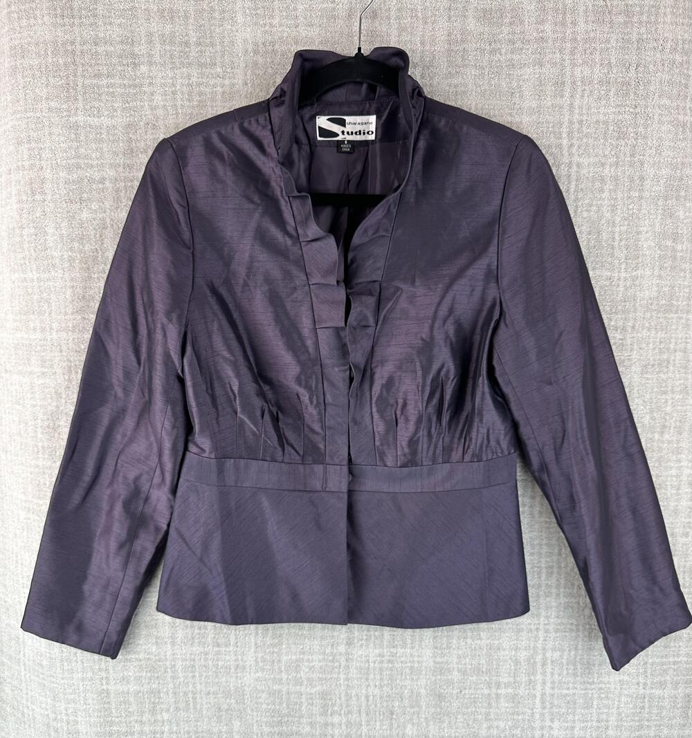 Sharagano Studio Blazer Womens 6 Purple Short Collared Lined Ruffle Pleated